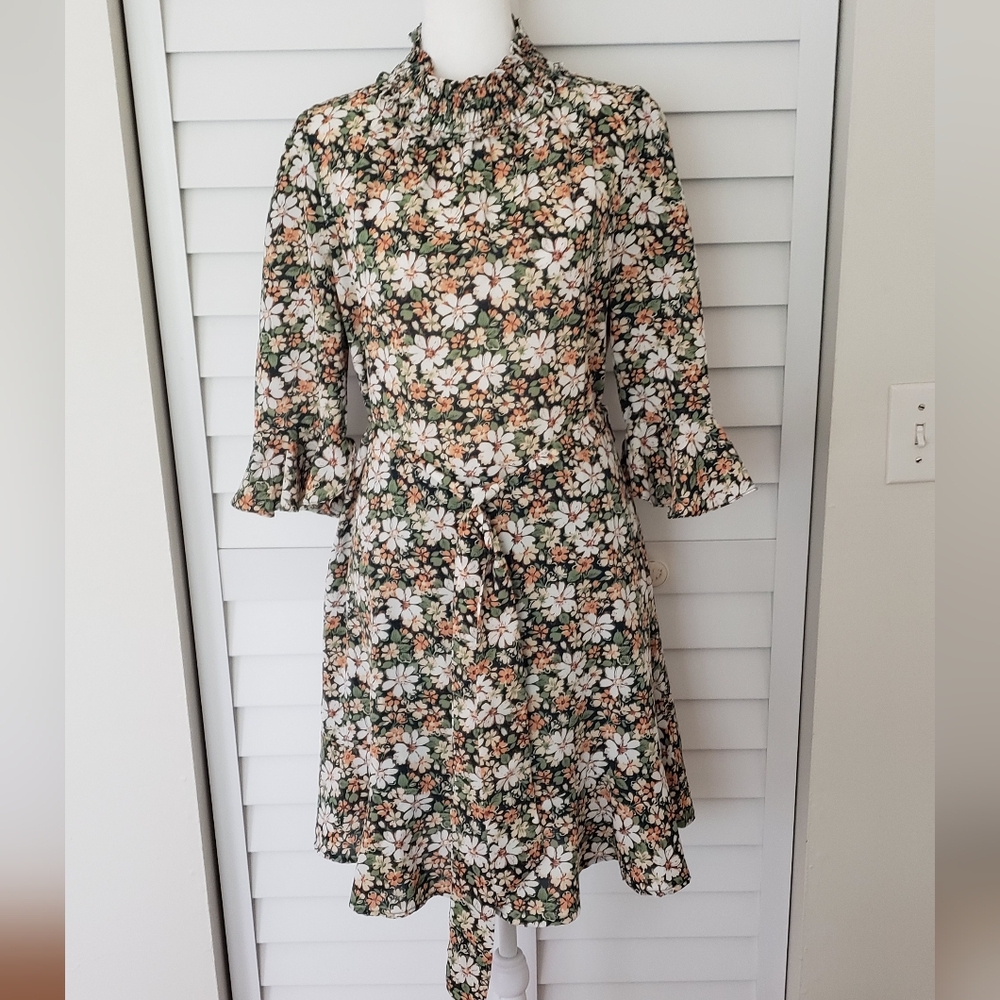 Allegra K Floral 3/4 Bell Sleeves Smocked Belted Flare Ruffle Dress Size S - Picture 5 of 16